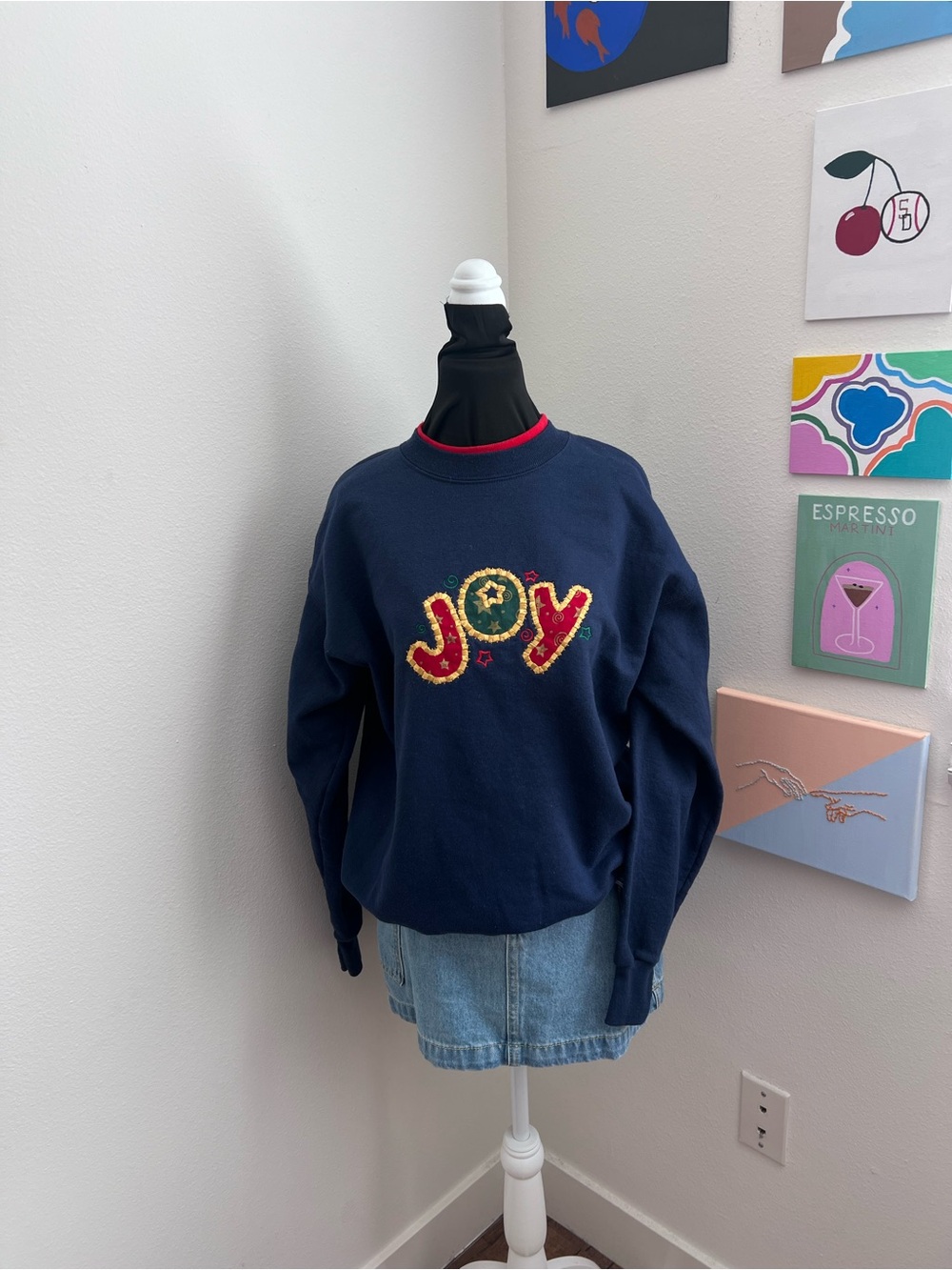 Vintage Y2K Christmas Joy Sweatshirt Navy Appliqué Holiday Crewneck